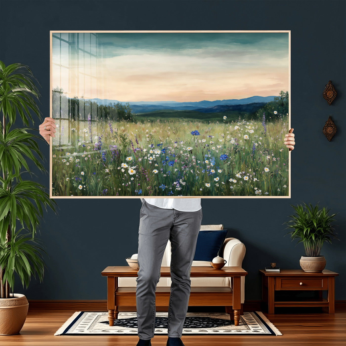 35773805-MGV-CV-36X24 - Wildflower Meadow Oil Painting Canvas — Daisy Lavender Mountain Sunset Print | Cottagecore Floral Wall Art | Bedroom Decor Gift for Her