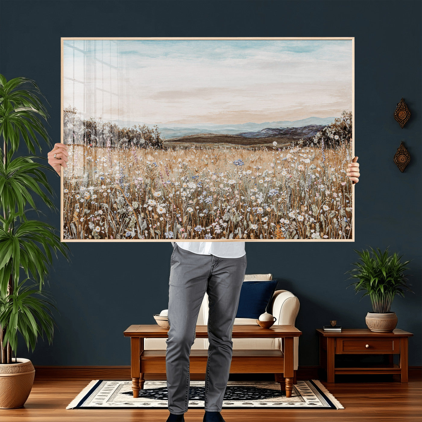 F35773805-MGV-CV-36X24 - Neutral Wildflower Field Canvas Wall Art — Beige Earth Tone Botanical Meadow Print | Farmhouse Boho Decor | Bedroom Living Room Gift Her