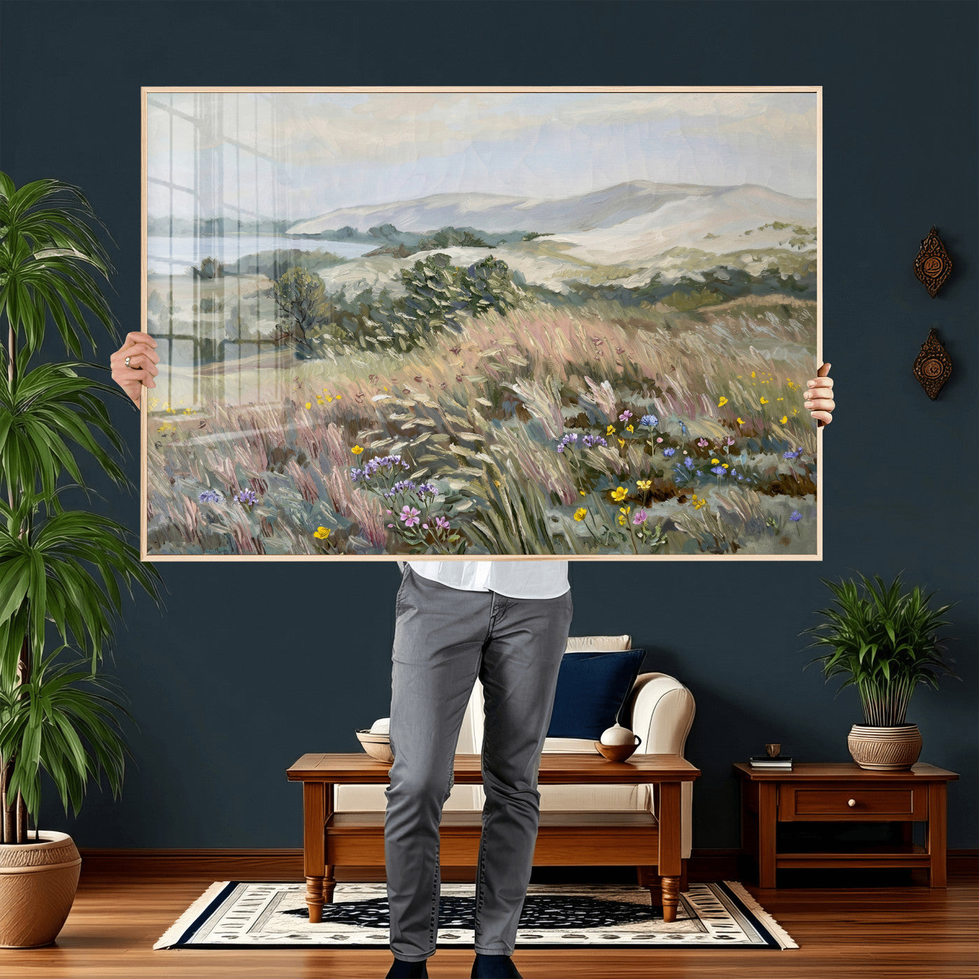 18013232-MGV-CV-36X24 - Katie Staples Hillside Canvas Wall Art — Coastal Wildflower Dune Oil Painting Print | Muted Green Nature Decor | Plein Air Landscape Gift