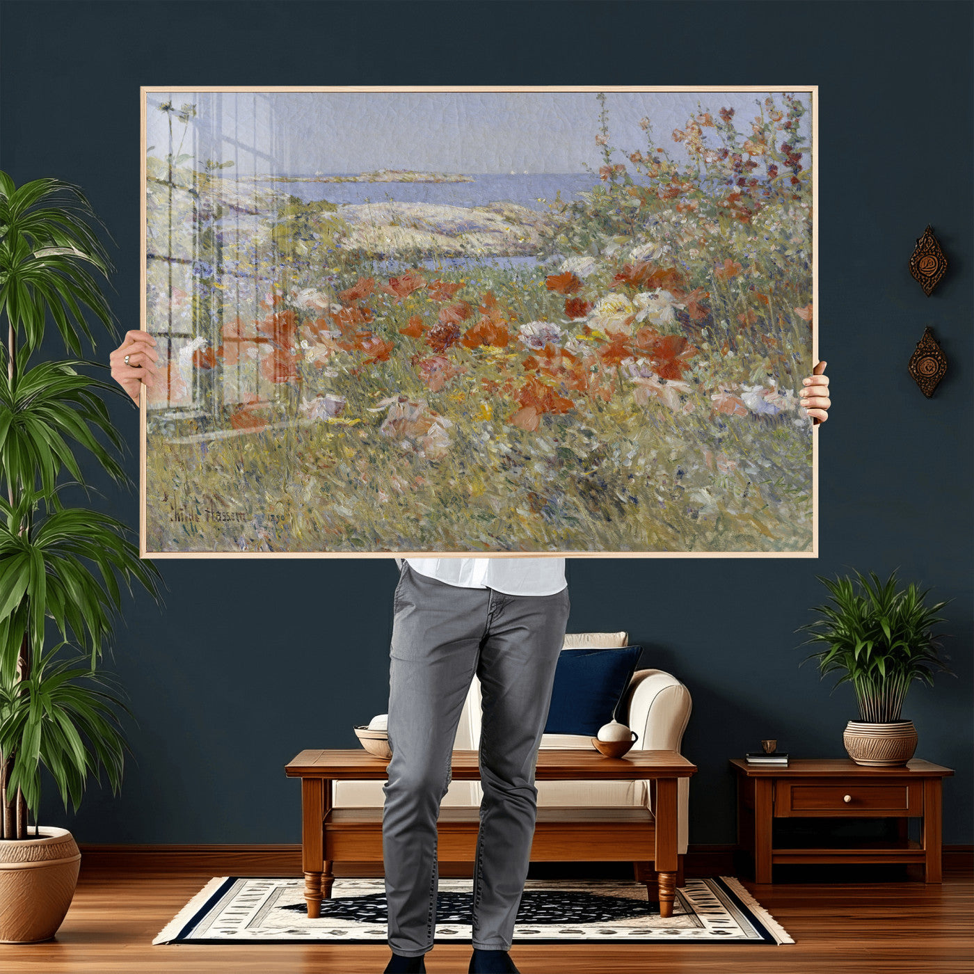54770907-MGV-CV-36X24 - Childe Hassam Celia Thaxter Garden Canvas — 1890 American Impressionist Poppy Floral Print | Isles of Shoals Coastal Art | Classic Gift