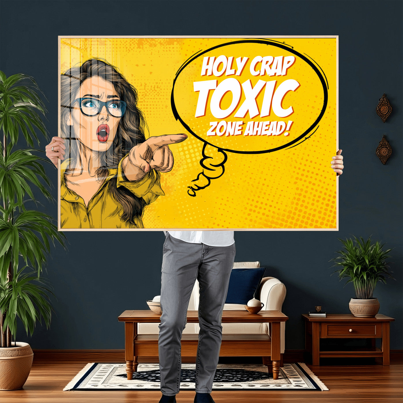 79751885-MGV-CV-36X24 - Pop Art Print Bathroom Sign Wall Art Canvas Print — Funny Bathroom Canvas | Comic Style Toilet Wall Decor | Humor Gift | Yellow Bold Bathroom Art