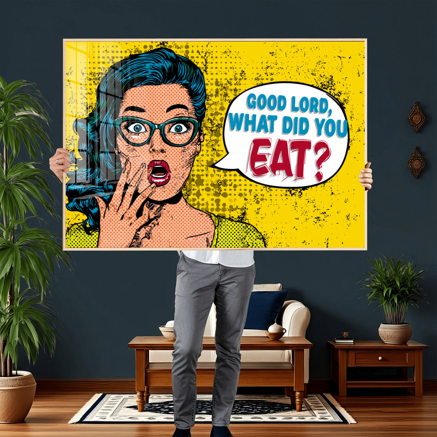 88217969-MGV-CV-36X24 - Pop Art Print Bathroom Sign Wall Art Canvas Print — Funny Bathroom Canvas | Comic Style Toilet Wall Decor | Humor Gift | Yellow Bold Bathroom Art