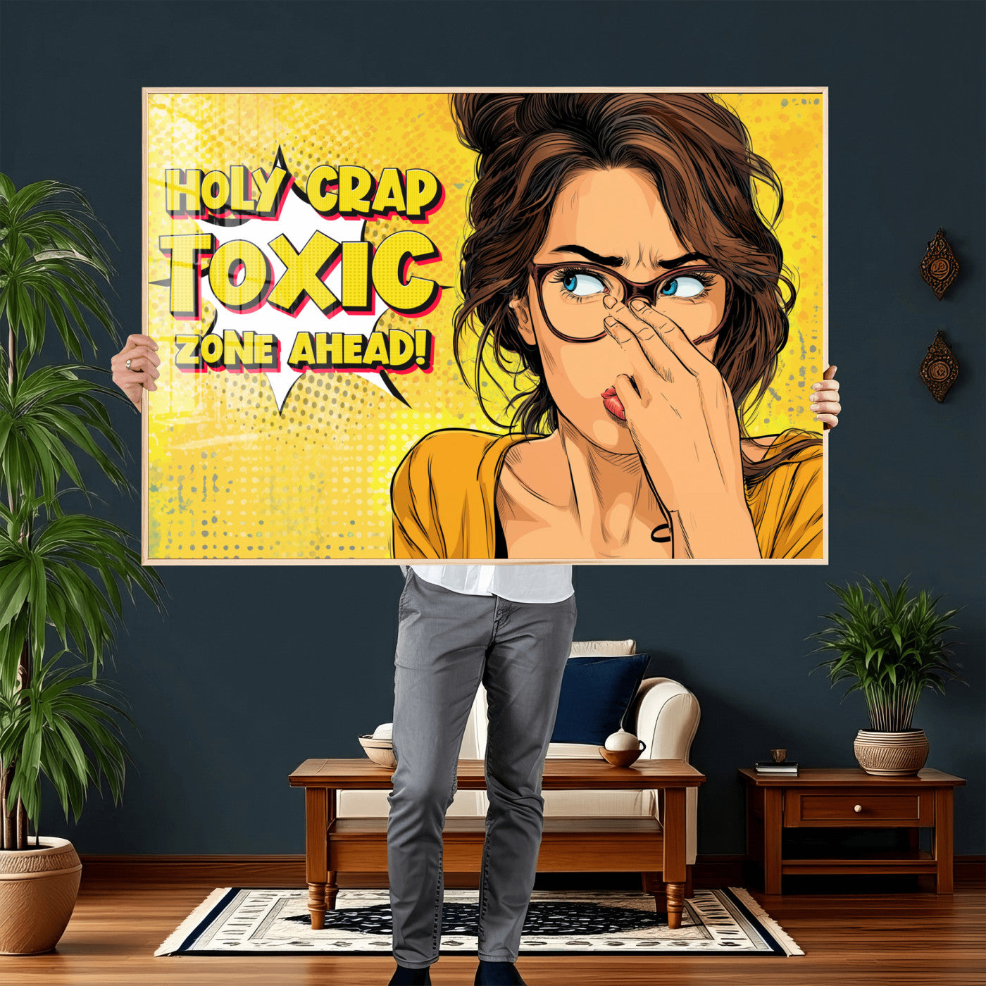 96263876-MGV-CV-36X24 - Pop Art Print Bathroom Sign Wall Art Canvas Print — Funny Bathroom Canvas | Comic Style Toilet Wall Decor | Humor Gift | Yellow Bold Bathroom Art