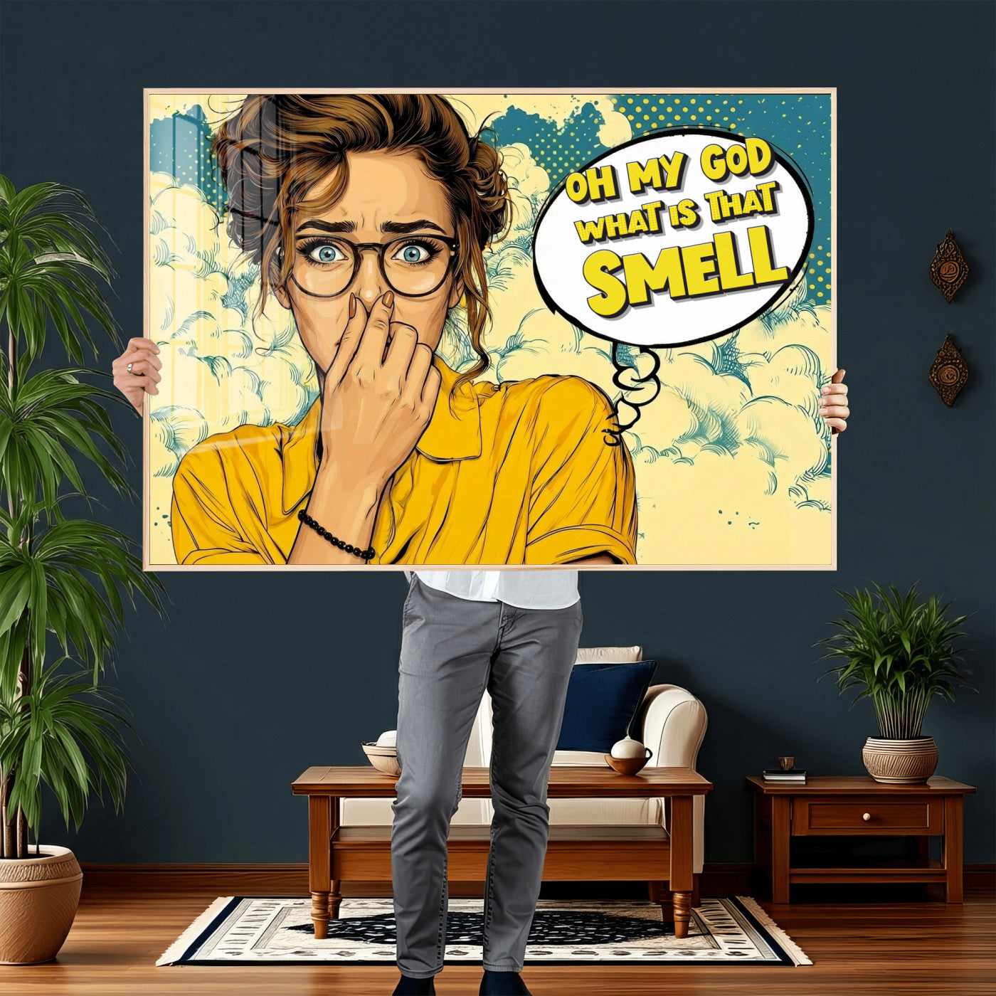 B79156505-MGV-CV-36X24 - Pop Art Print Bathroom Sign Wall Art Canvas Print — Funny Bathroom Canvas | Comic Style Toilet Wall Decor | Humor Gift | What is that Smell