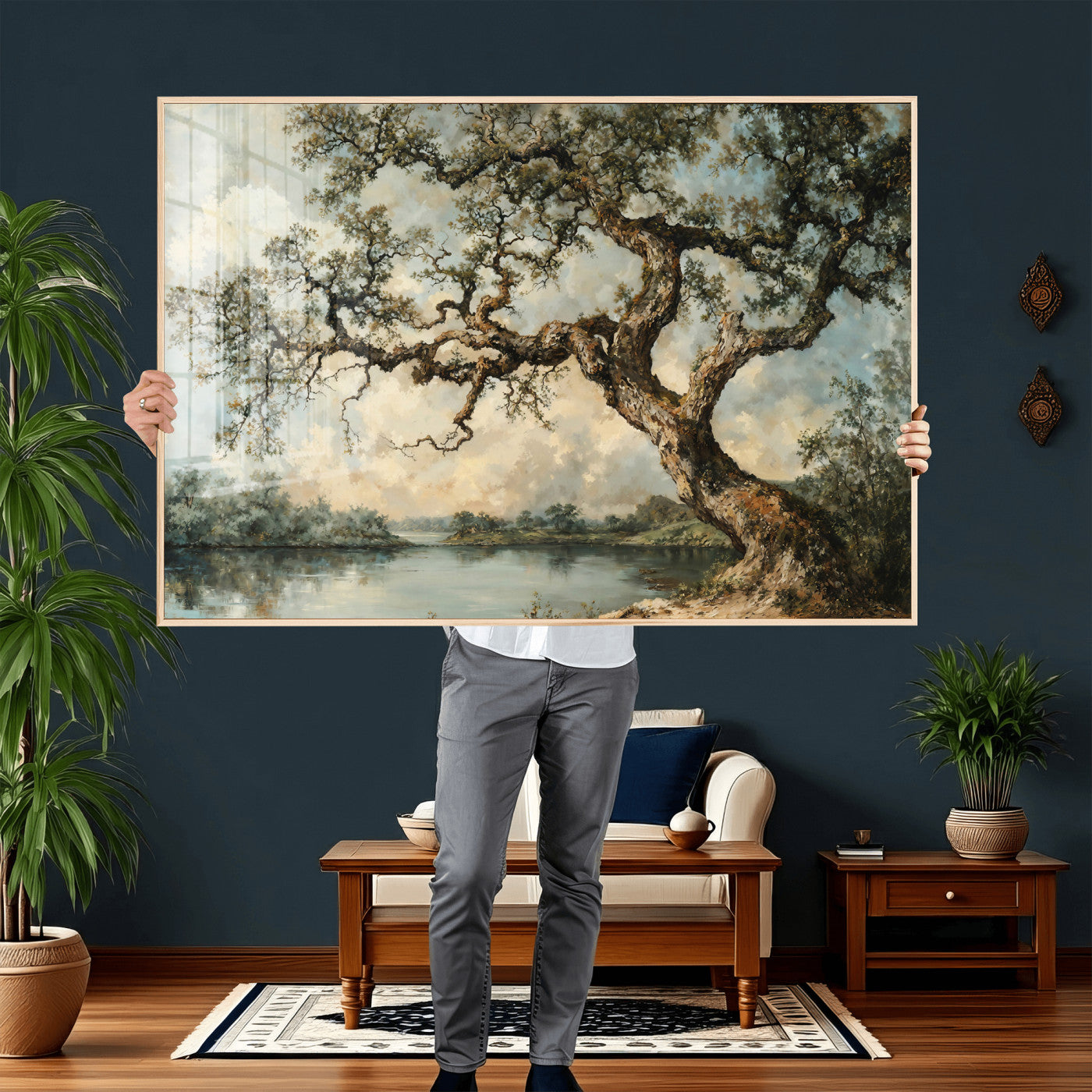 63857726-MGV-CV-36X24 - Old Oak Tree Canvas Wall Art, Turner Inspired Romantic Landscape Print, Vintage Nature Painting, Living Room Wall Decor, Antique Style Tree Art