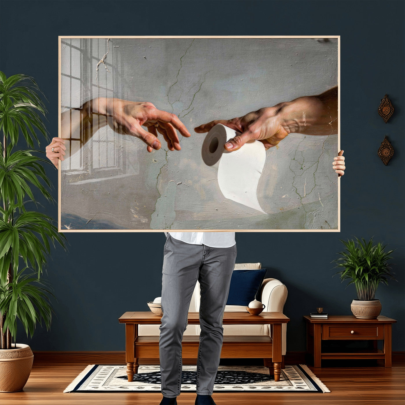 72030048-MGV-CV-36X24 - Funny Bathroom Wall Art Canvas, Creation of Toilet Paper Parody Print, Renaissance Humor Decor, Toilet Room Art, Quirky Housewarming Gift, Classic Art Spoof