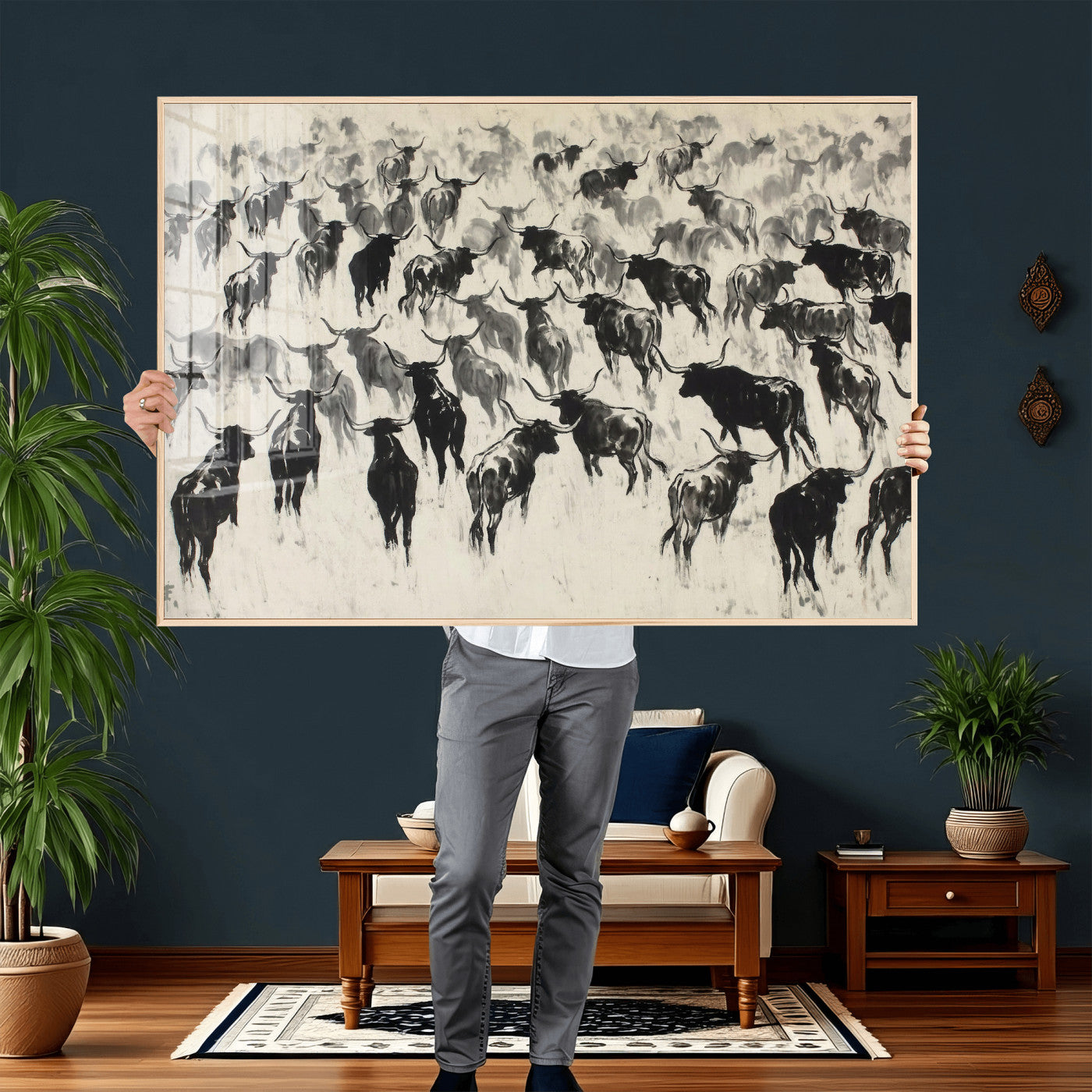 68669792-MGV-CV-36X24 - Longhorn Cattle Canvas Wall Art, Black White Stampede Ink Painting Print, Western Farmhouse Decor, Bull Herd Art, Large Living Room Wall Art, Ranch Home Decor