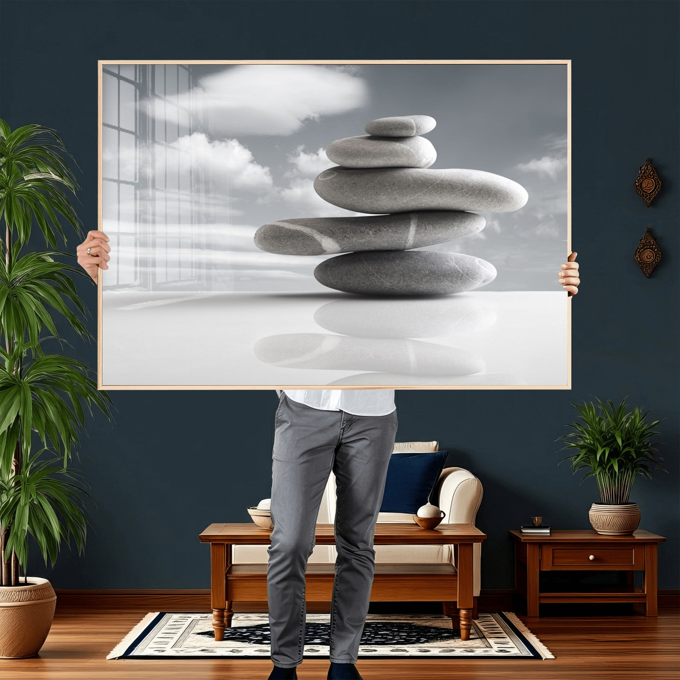 86426188-MGV-CV-36X24 - Zen Stone Wall Art Canvas Print, Balanced Rock Stack Framed Spa Artwork, Minimalist Meditation Decor for Living Room Bedroom Office Bathroom