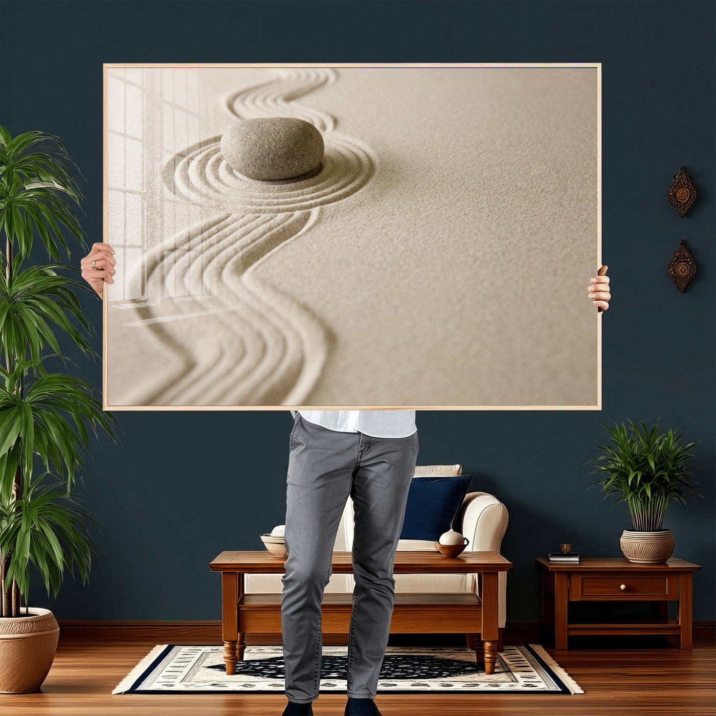 66852661-MGV-CV-36X24 - Zen Garden Stone Sand Canvas | Japanese Rock Garden Wall Art | Minimalist Meditation Print | Neutral Beige Mindfulness Decor