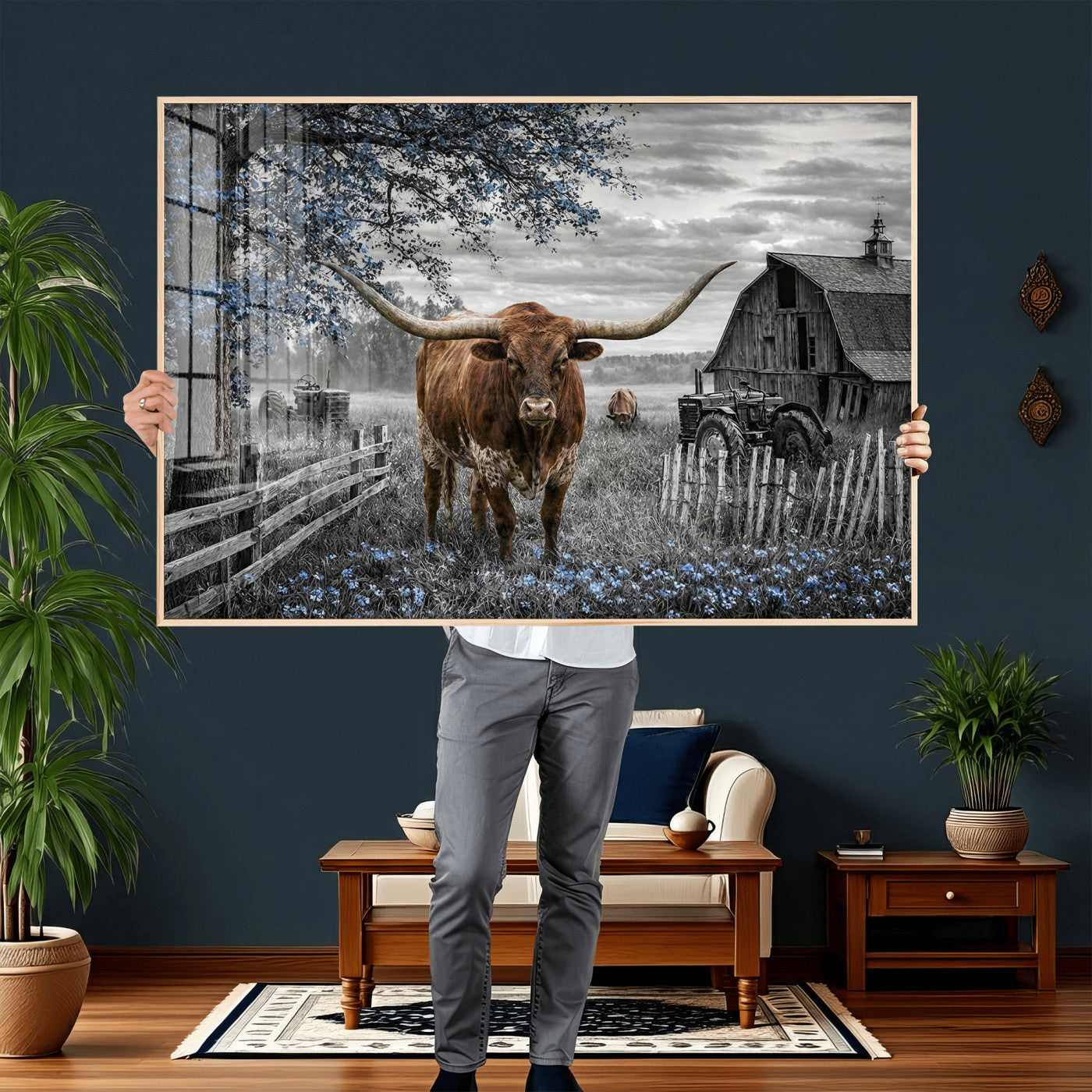19366343-MGV-CV-36X24 - Texas Longhorn Canvas Wall Art, Rustic Farm Barn Bluebonnet Photography Print, Farmhouse Country Decor, Western Ranch Art, Old Truck Tractor Print
