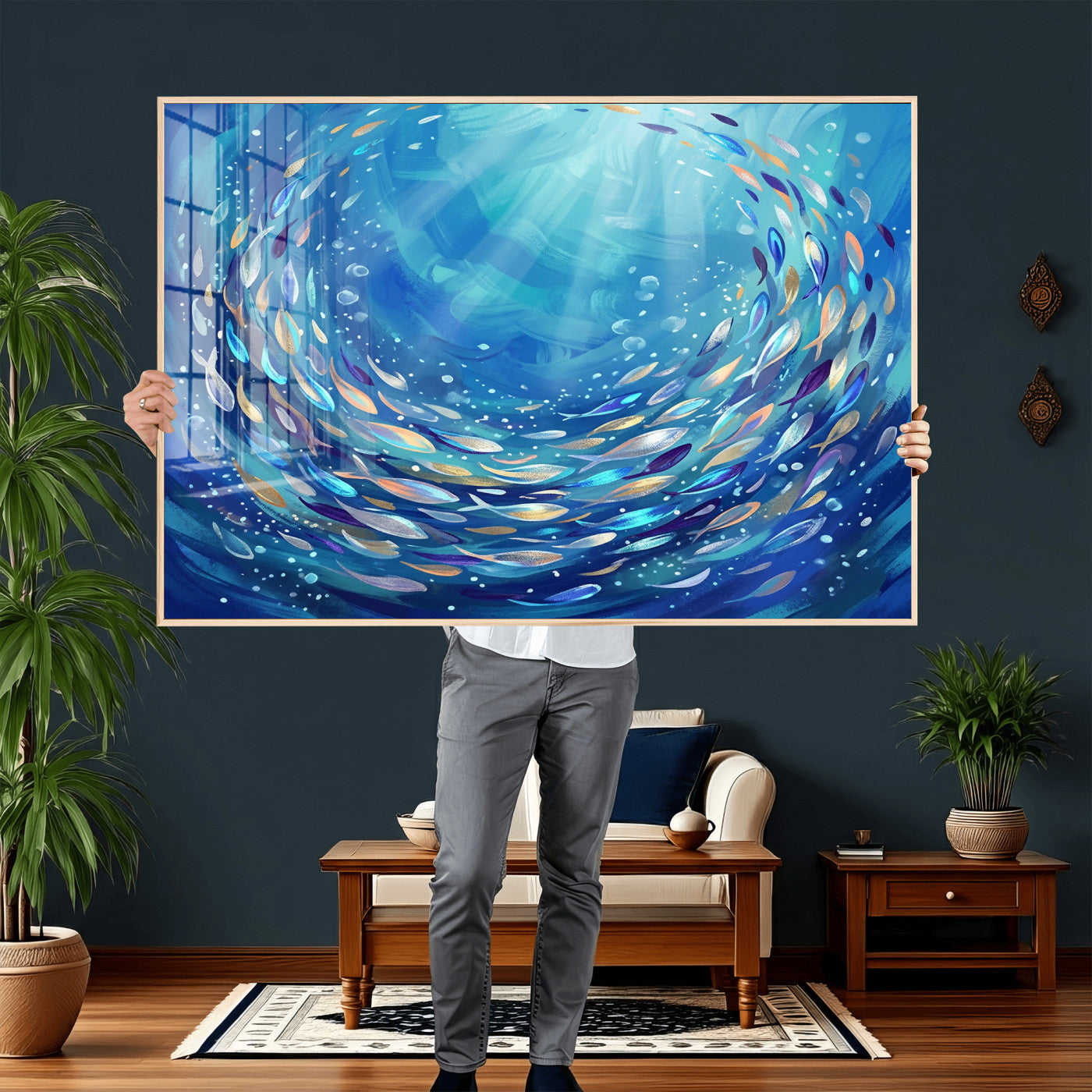 78699899-MGV-CV-36X24 - School of Fish Canvas Print | Blue Ocean Underwater Wall Art | Swirling Fish Shoal Illustration | Marine Navy Coastal Decor