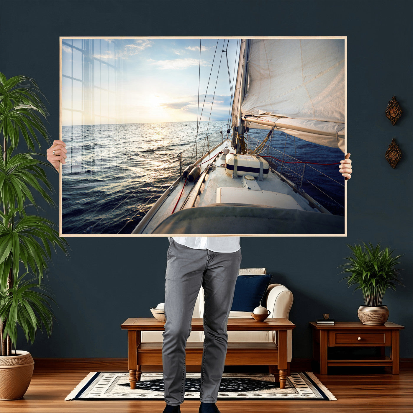 76381335-MGV-CV-36X24 - Sailboat Wall Art Canvas Print, Ocean Sunset Sailing Framed Artwork, Coastal Nautical Seascape Decor for Living Room Office Beach House