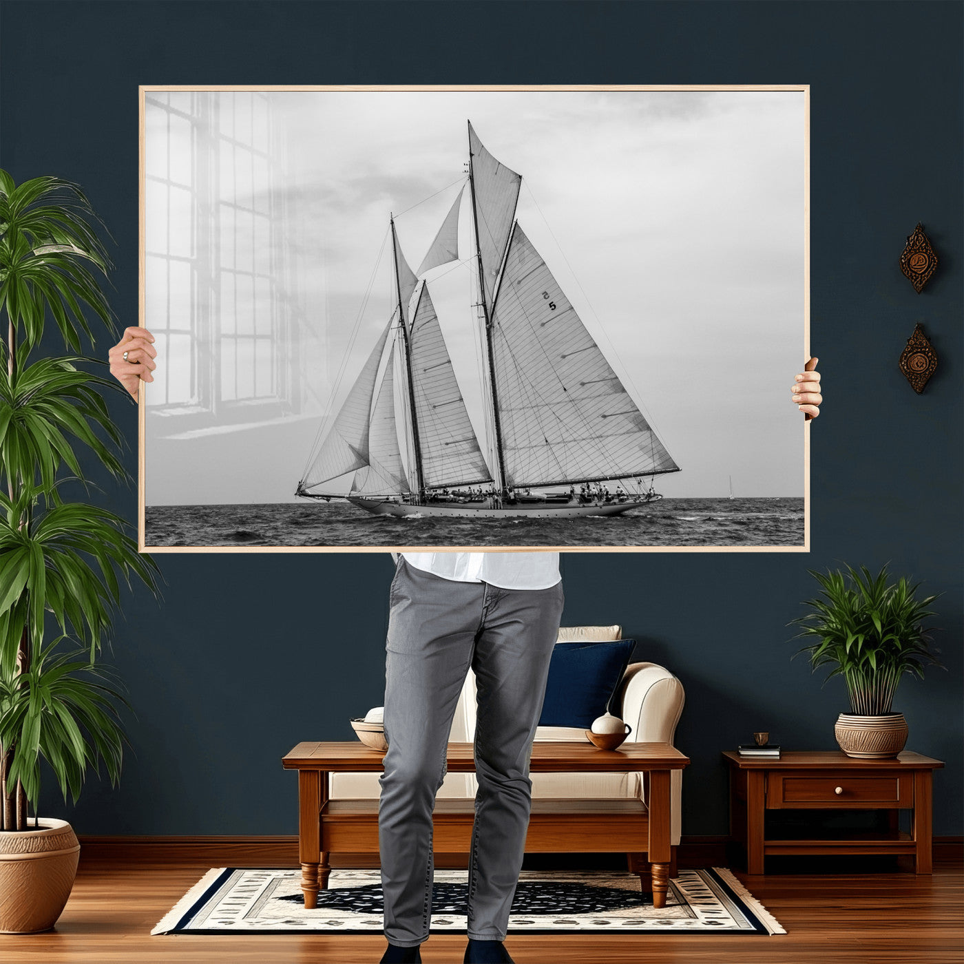 52882918-MGV-CV-36X24 - Vintage Sailboat Wall Art Canvas Print, Black and White Schooner Framed Artwork, Nautical Ocean Sailing Decor for Living Room Office Beach House