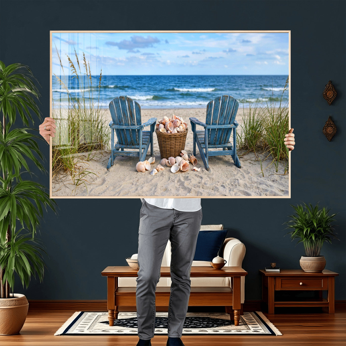 80268829-MGV-CV-36X24 - Large Beach Canvas Wall Art Coastal Adirondack Chairs Ocean Seashells Blue Nautical Framed Large for Living Room Bedroom Bathroom Decor