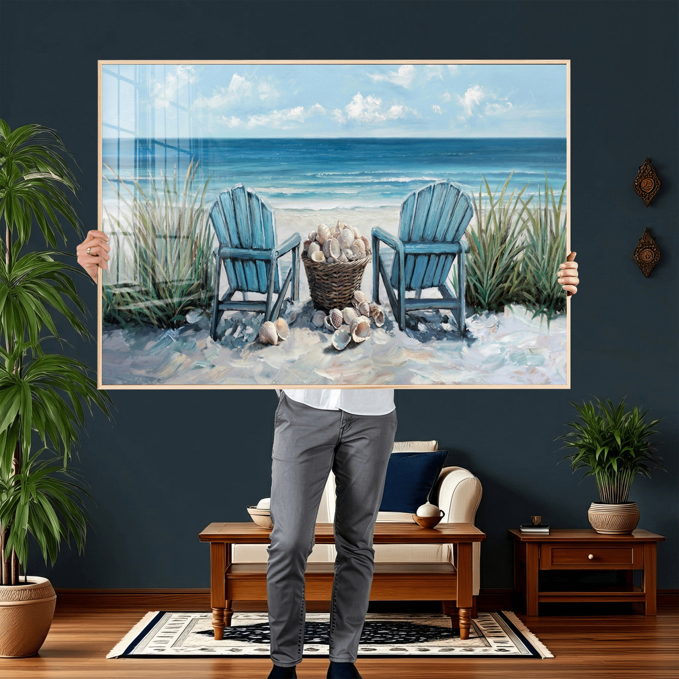 11973028-MGV-CV-36X24 - Beach Canvas Wall Art Coastal Adirondack Chairs Ocean Seashells Blue Nautical Framed Large for Living Room Bedroom Bathroom Decor