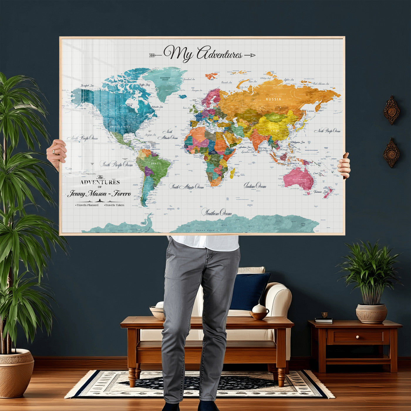 56239817-MGV-CV-36X24 - Custom Push Pin Watercolor World Map Canvas Wall Art Print – Abstract Colorful Travel Wall Decor