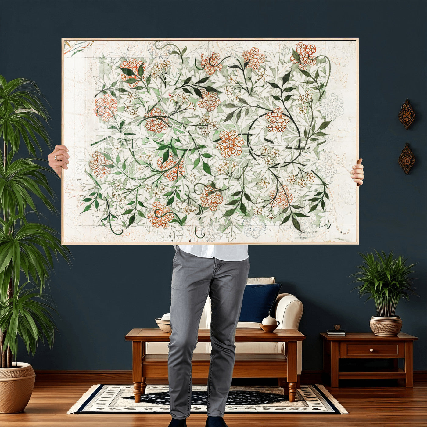 17622011W-MGV-CV-36X24 - William Morris Jasmine Flower Wall Art Canvas Print, Botanical Floral Canvas Print, Vintage Cottagecore Wall Decor, Framed Nature Artwork Ready to Hang