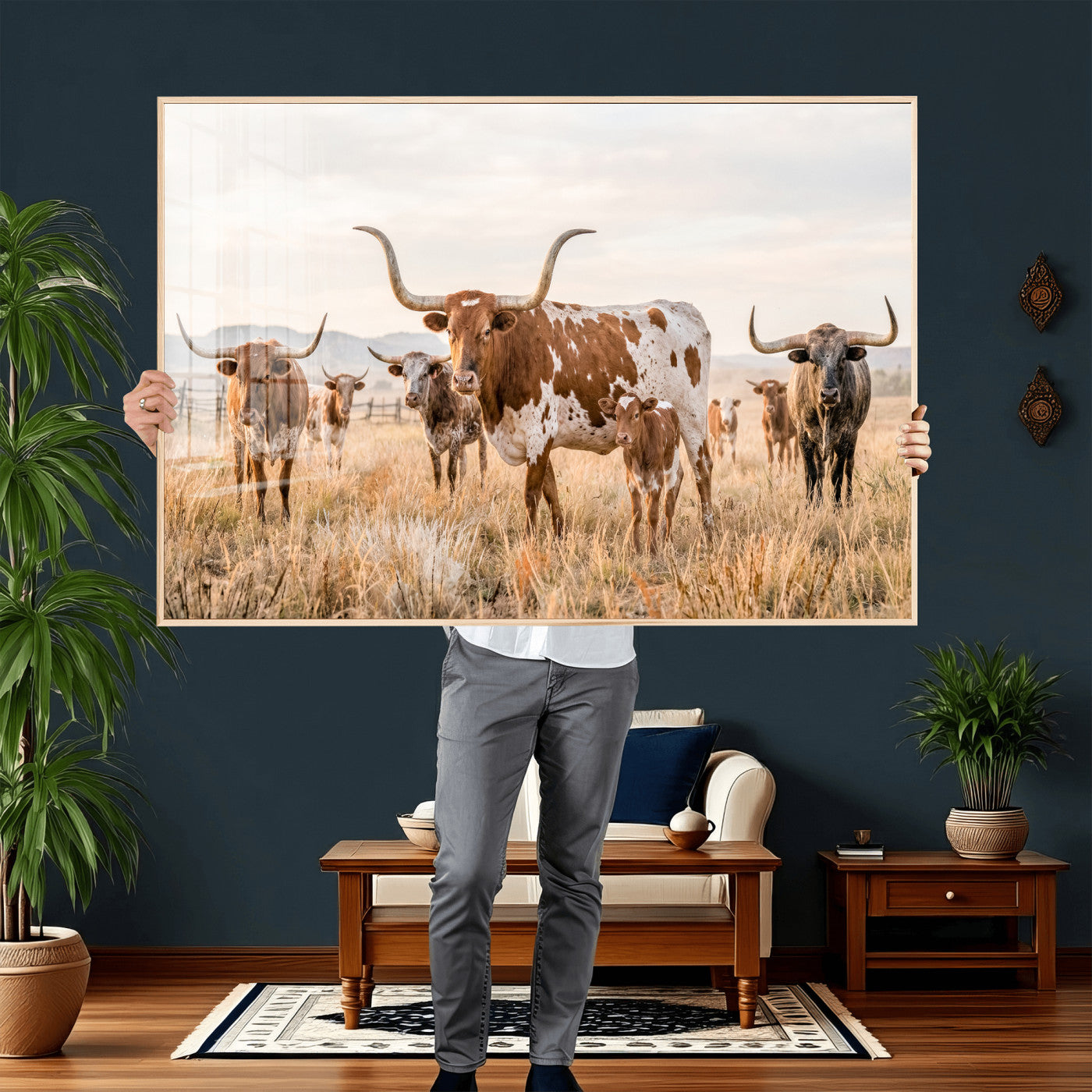 62336425AC-MGV-CV-36X24 - Texas Longhorn Canvas Wall Art, Rustic Farm Animal Photography Print, Farmhouse Country Decor, Western Ranch Art