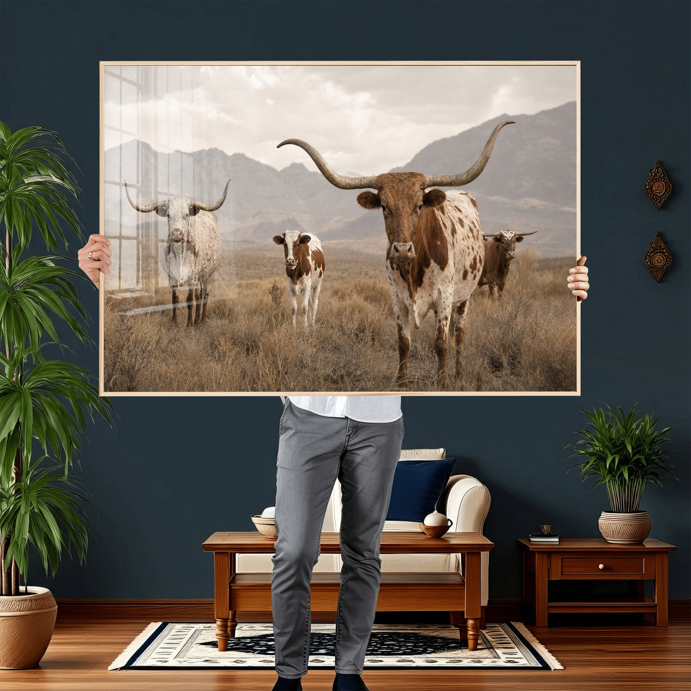 62336425AD-MGV-CV-36X24 - Rustic Texas Longhorn Cow Canvas Wall Art Print, Rustic Farm Animal Photography Print, Farmhouse Country Decor, Western Ranch Art