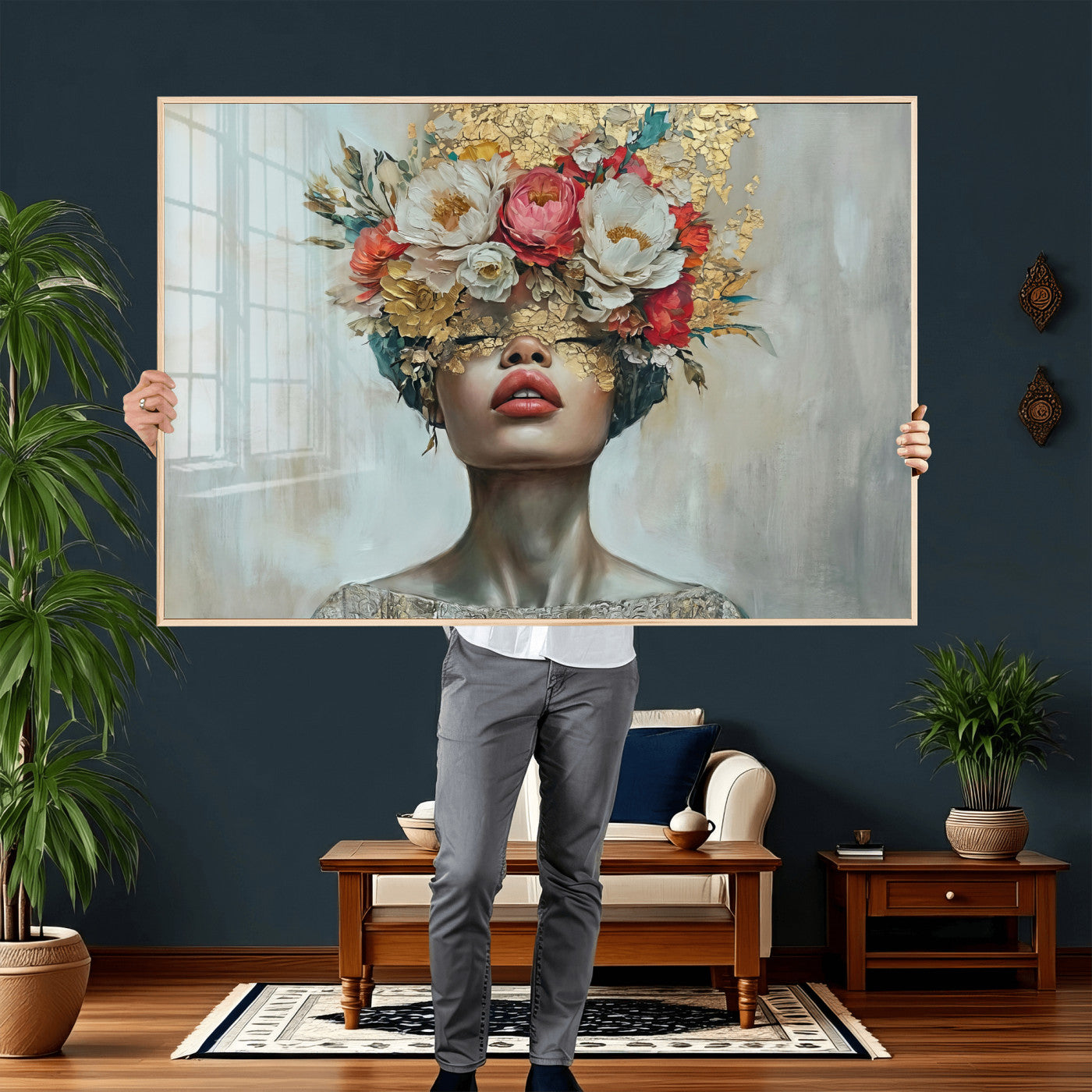 26919-MGV-CV-36X24 - Golden Petal Wall Art Canvas Print - Silhouette Woman Wall Art Canvas Print, Floral Woman Portrait