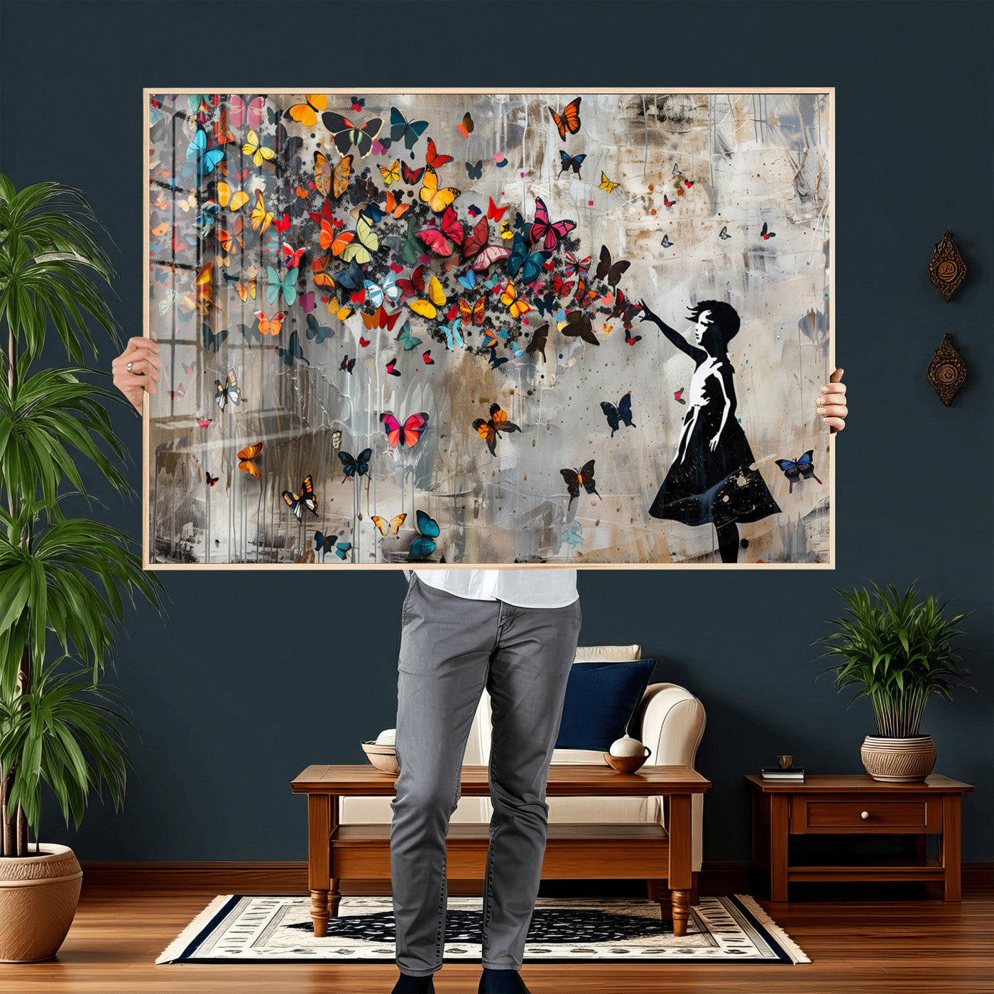 40269-MGV-CV-36X24 - Banksy Wall Art - Banksy Girl and Butterfly Explosion Wall Art Canvas Print | Girl with Butterflies