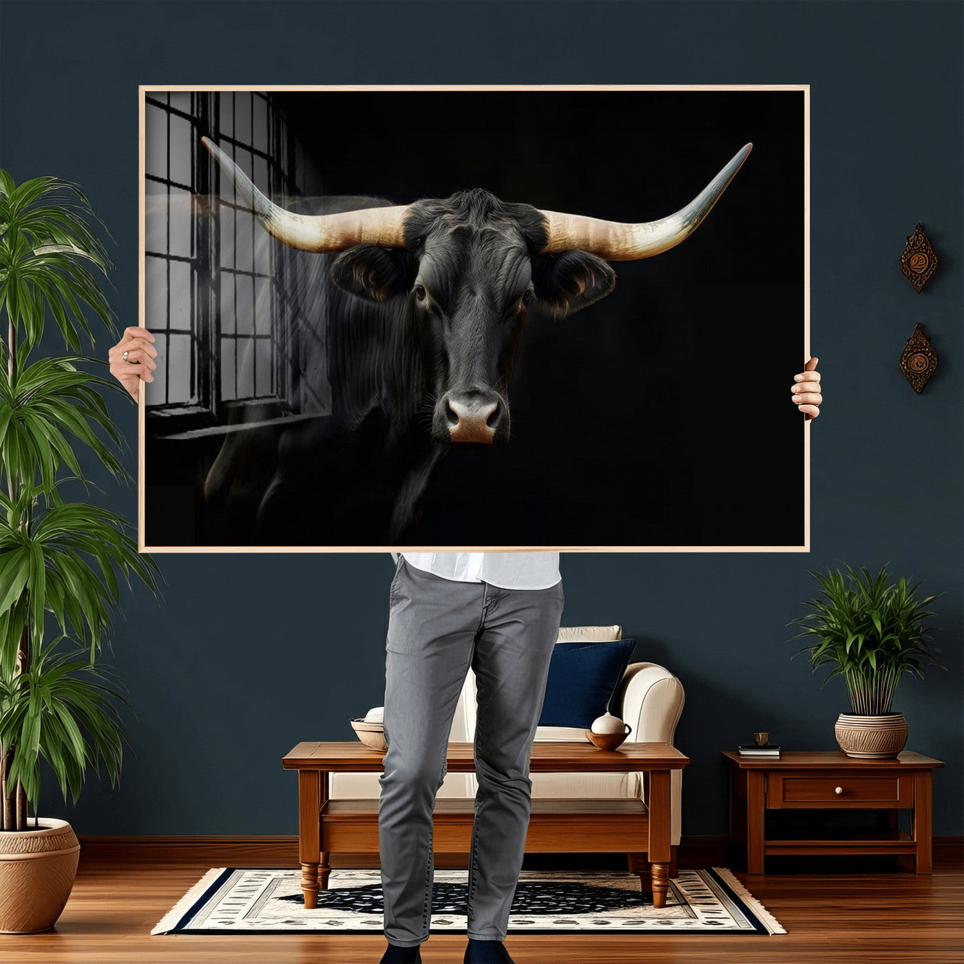 63798-MGV-CV-36X24 - Texas Longhorn Cow | Majestic Black Bull Wall Art Canvas Print - Farmhouse Animal Decor - Ready to