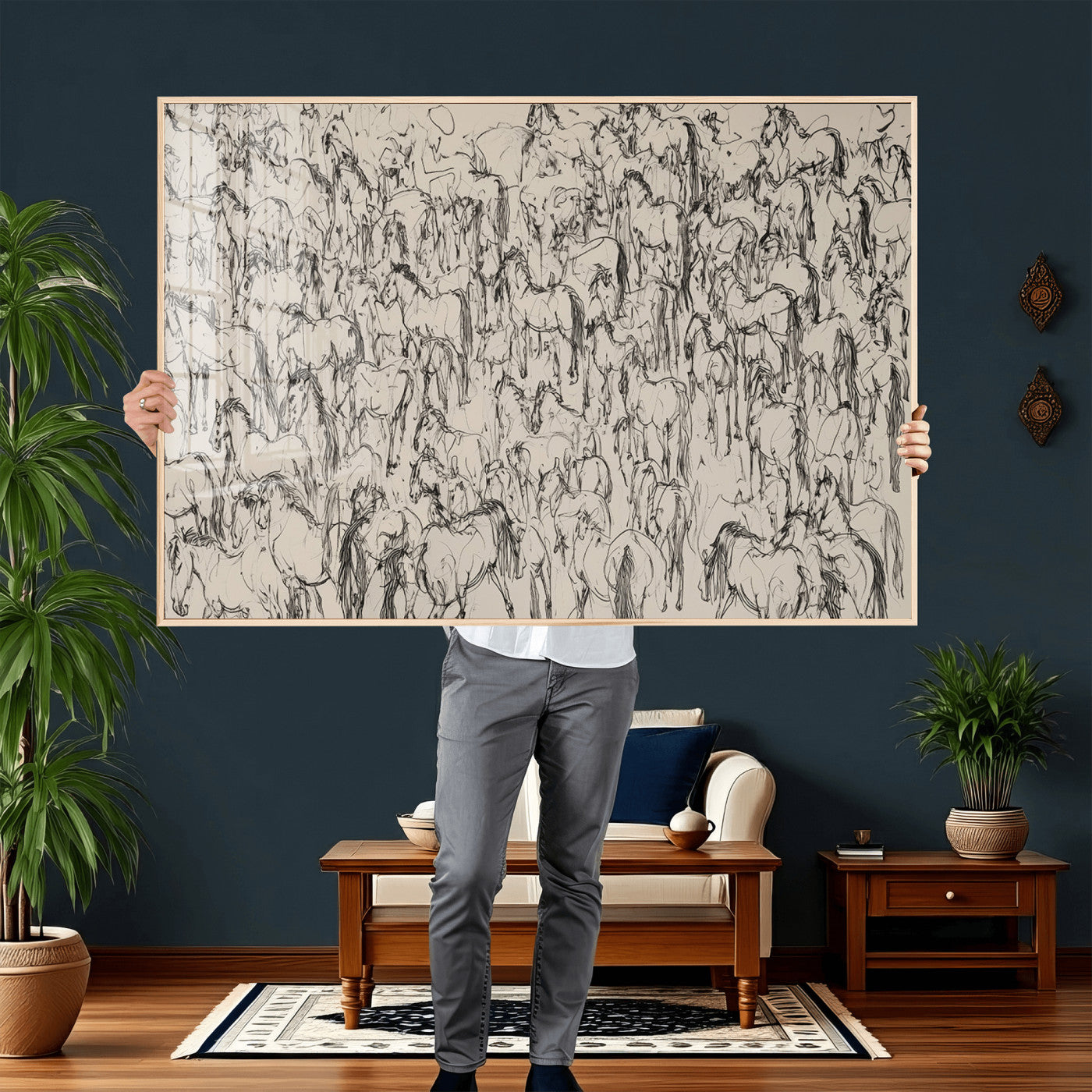 25718-MGV-CV-36X24 - Abstract Horse Sketch Wall Art | Ready to Hang and Framed | Farmhouse Wall Decor for Barn Wall