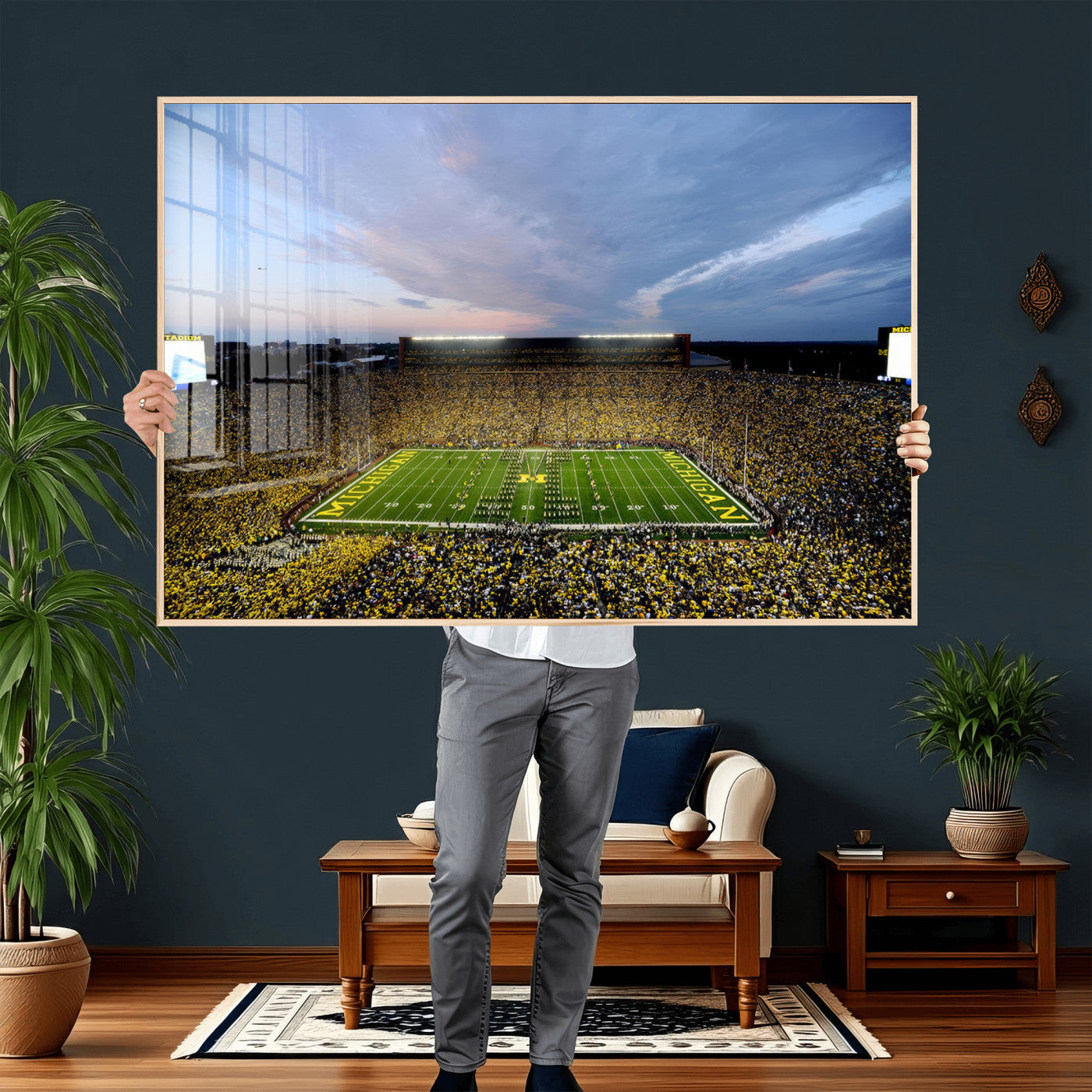 82641-MGV-CV-36X24 - Michigan Stadium Wall Art Canvas Print, Vibrant Game Day Crowd and Sunset Sky Football Field Artwork for Home, Office
