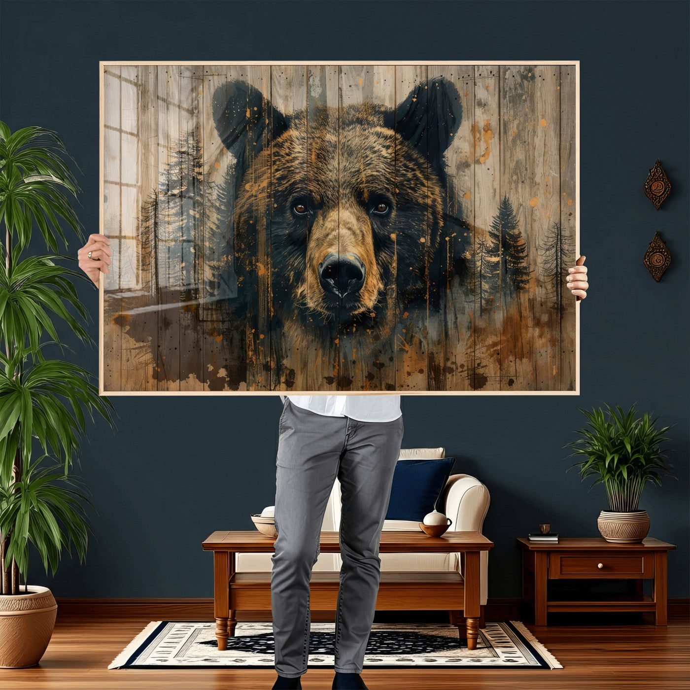 51373-MGV-CV-36X24 - Abstract 399 Bear Wall Art | Rustic Cabin Wall Decor with Forest Design for Farmhouse Wall Decor