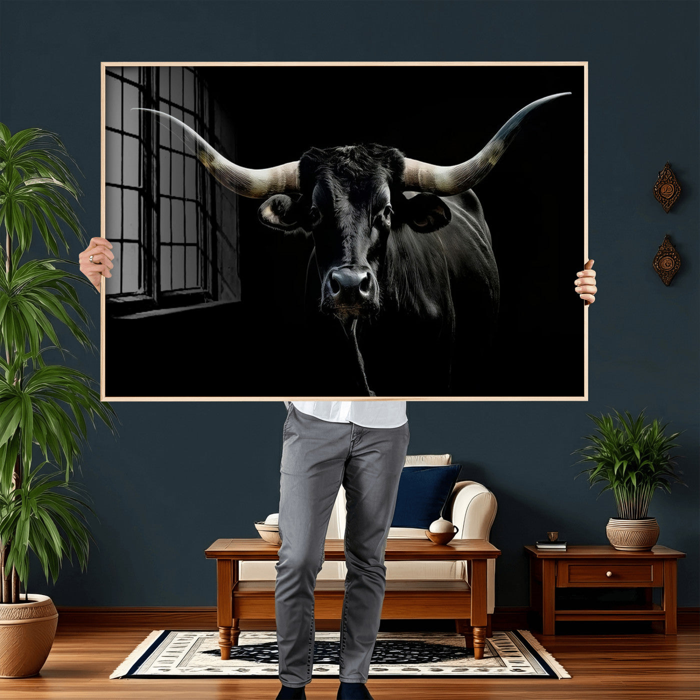 20679-MGV-CV-36X24 - Texas Black Longhorn Bull Wall Art Canvas Print - Western Texas Cattle Rustic Decor Print - Longhorn