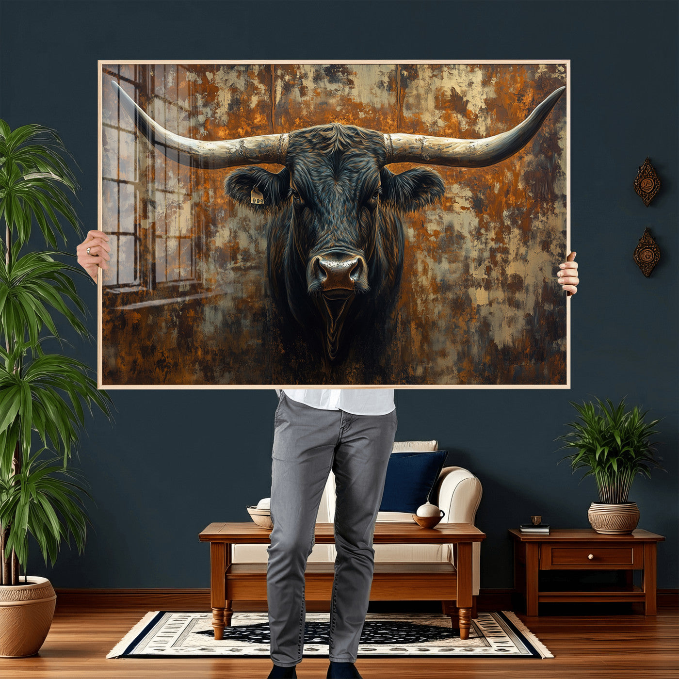68068-MGV-CV-36X24 - Longhorn Texas Cow Bull Wall Art | Rustic Farmhouse Canvas Print | Ready to Hang Barn Decor for