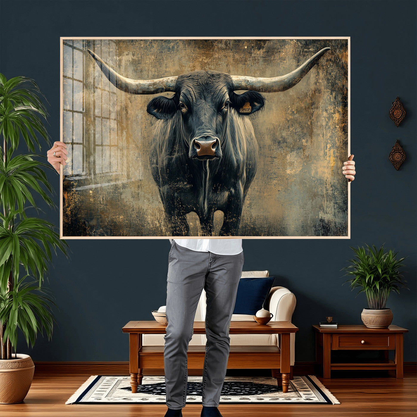 57385-MGV-CV-36X24 - Longhorn Bull Wall Art Canvas Print, Framed Rustic Cow Art Picture Print, Texas Longhorn Perfect Western Decor Artwork