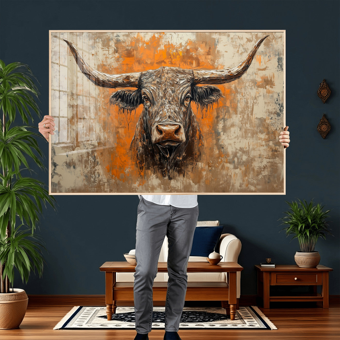 49976-MGV-CV-36X24 - Abstract Cow Longhorn Bull Wall Art Canvas Print - Rustic Texas Western Cattle Artwork