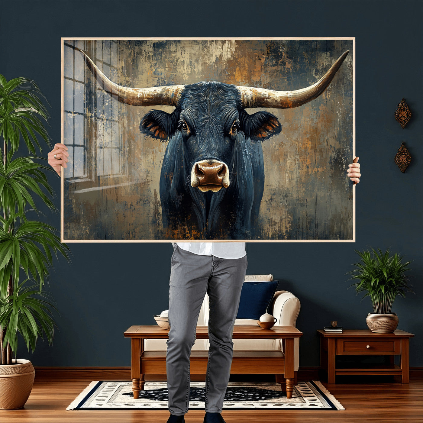 42026-MGV-CV-36X24 - Texas Western Wall Art Canvas Print - Abstract Cow Longhorn Bull Wall Art Canvas Print - Rustic Cow
