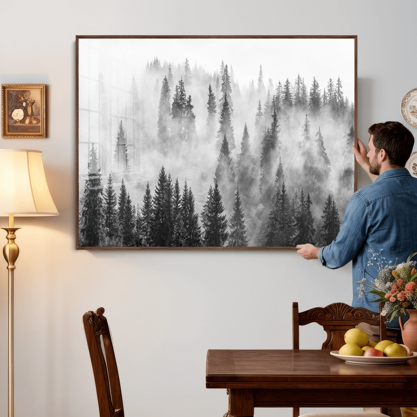 10422-MGV-CV-36X24 - Forest Wall Art Print | Foggy Pine Forest Canvas Wall Art - Black and White Nature Decor for Living