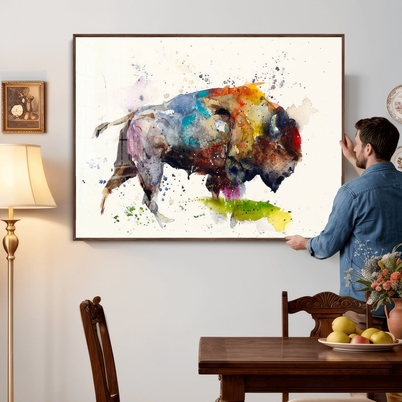 44504-MGV-CV-36X24 - Abstract Buffalo Wall Art, Western Watercolor Bison Canvas Print, Rustic Buffalo Art for Cowboy and