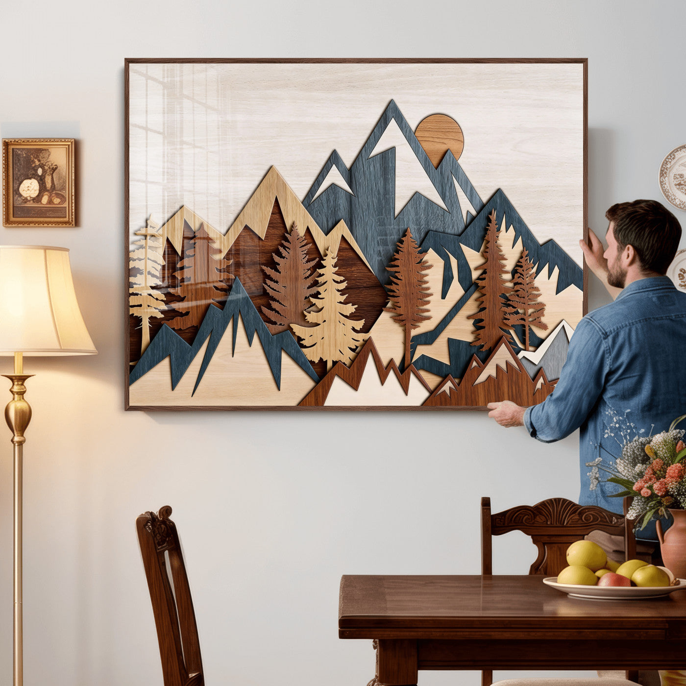 67950-MGV-CV-36X24 - Rustic Abstract Wood Panel Effect Canvas Mountain Range Top Wood Wall Art Canvas Print