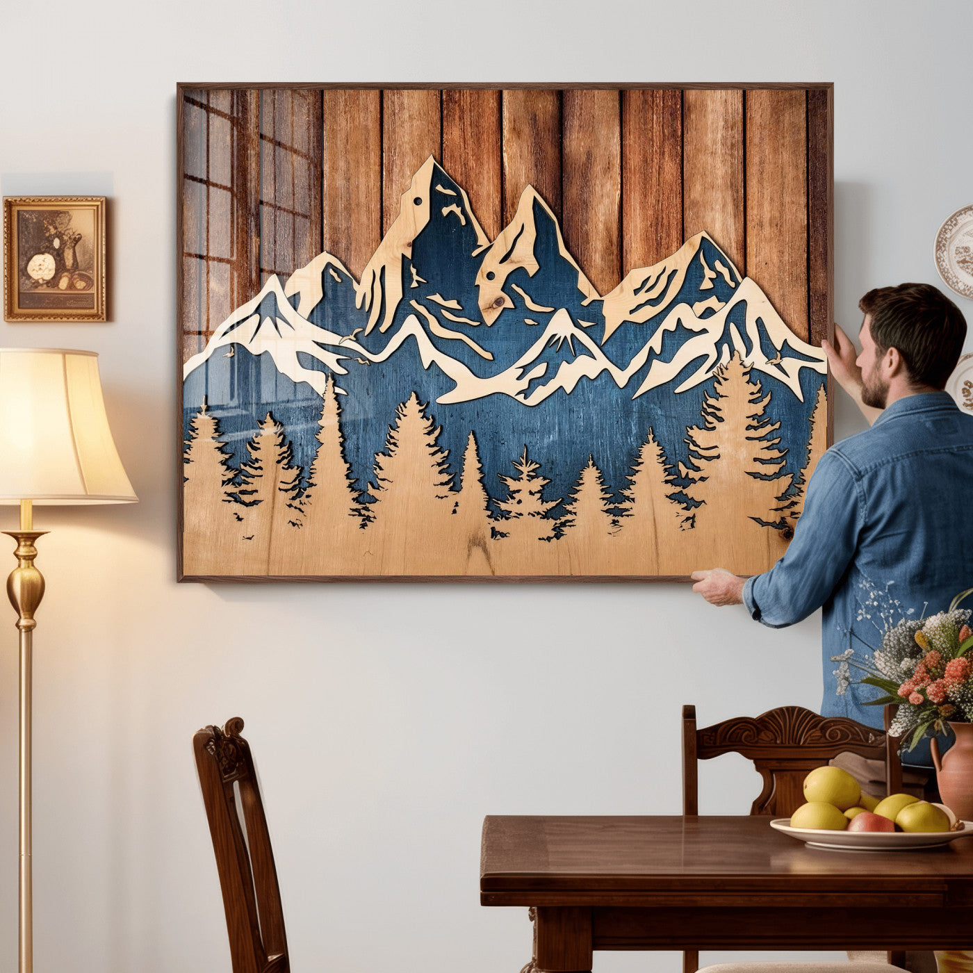 41330-MGV-CV-36X24 - Rustic Wood Style Mountain Wall Art, Nature Forest Canvas Print, Wooden Textured Mountain Artwork Print