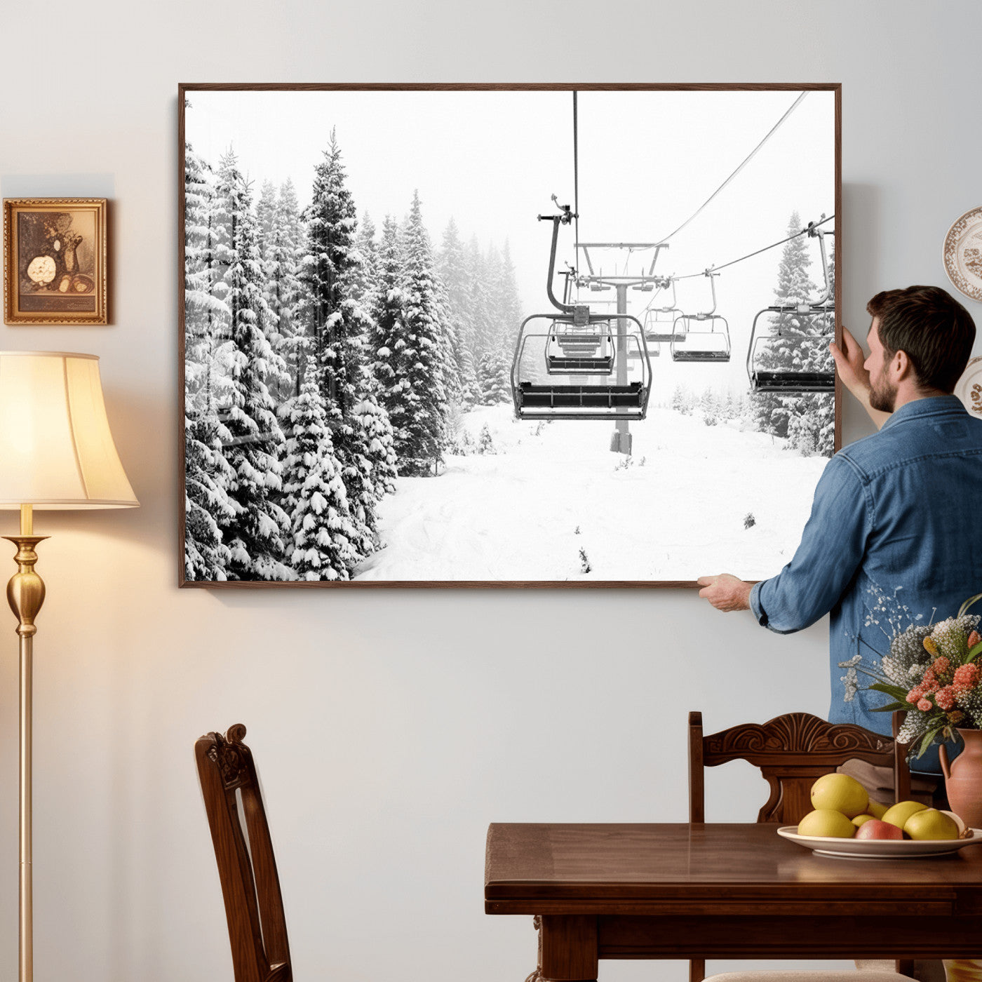 70609-MGV-CV-36X24 - Winter Forest Wall Art Canvas Print, Framed Snowy Forest Art Picture Print, Winter Ski Lift Perfect