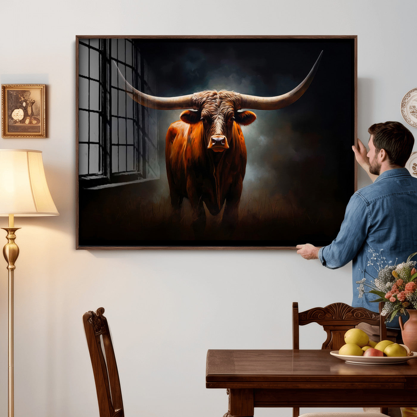 48896-MGV-CV-36X24 - Abstract Texas Longhorn Wall Art Print | 3-Panel Large Texas Longhorn Canvas Print for Living Room,