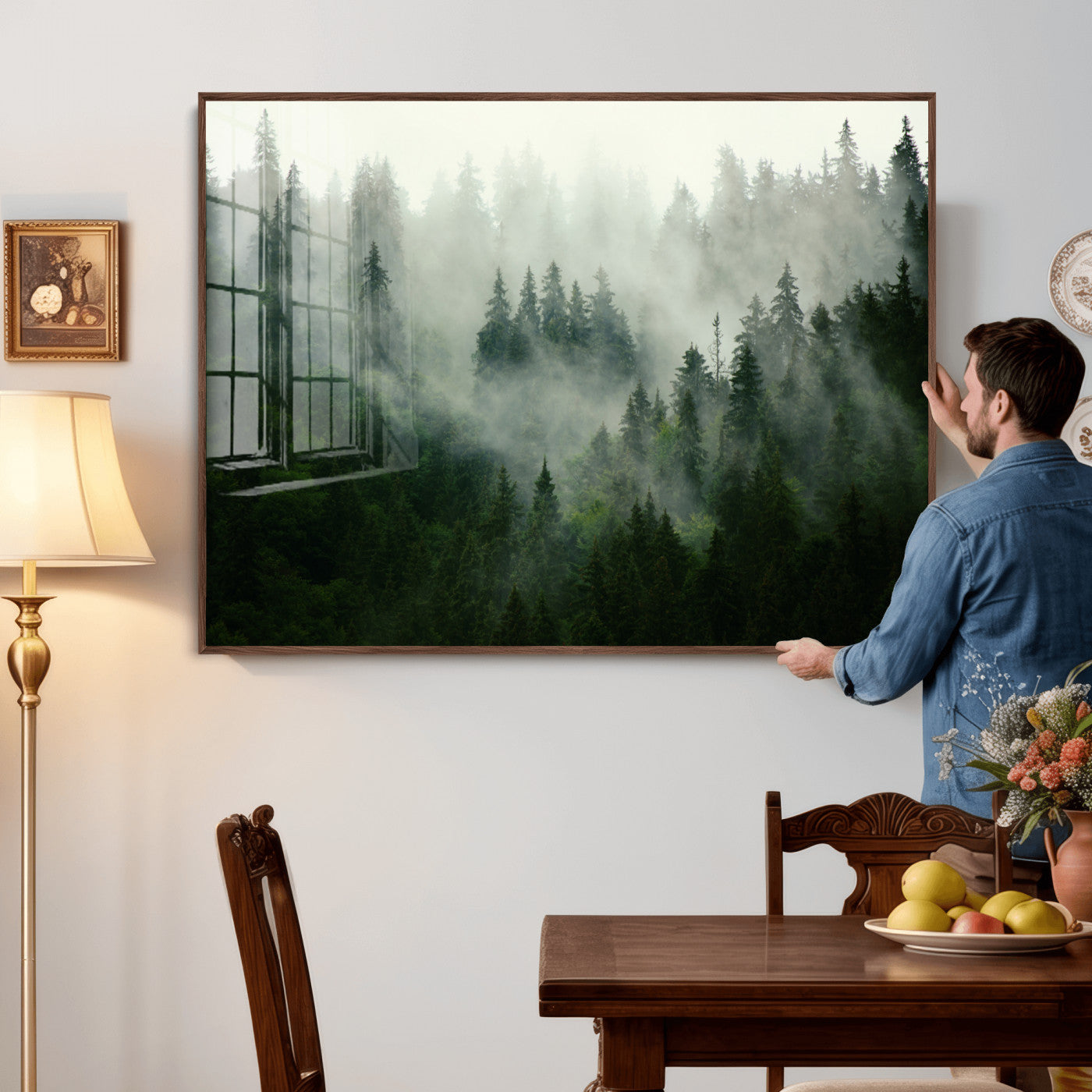 167720496-MGV-CV-36X24 - Misty Forest Mountain Wall Art Canvas  | Large 3-Panel Foggy Landscape Canvas Print | Nature Misty