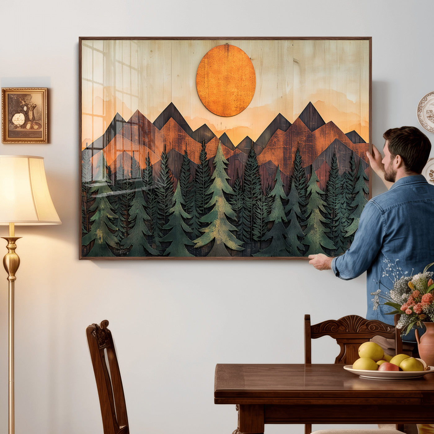 77739-MGV-CV-36X24 - Wood Style Sunset Mountain Landscape Canvas Wall Art Print - Nature Decor for Living Room, Office