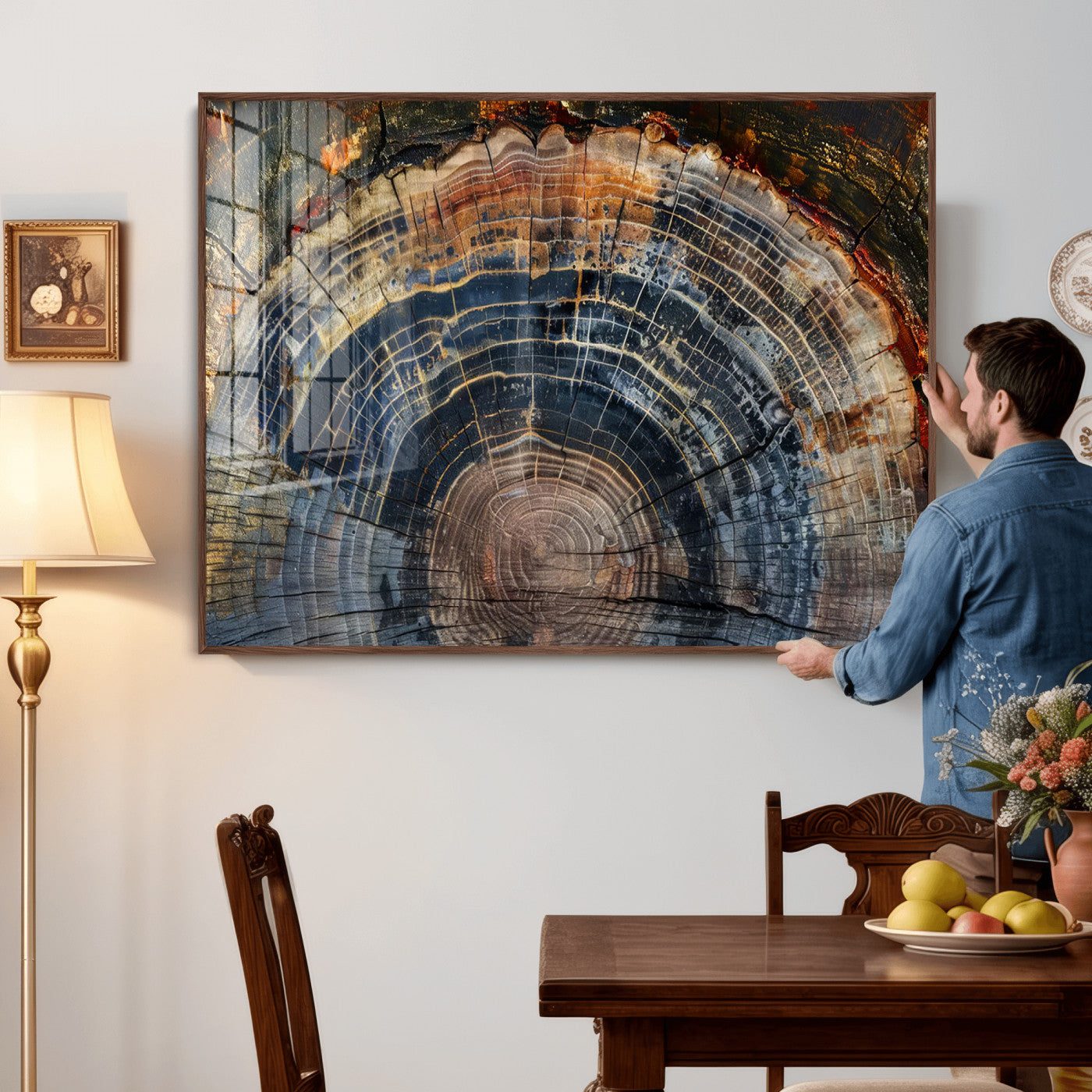 16193-MGV-CV-36X24 - Framed Wood Tree Ring Wall Art - Abstract Colorful Wood Ring Wall Decor for Minimalist Home Decor