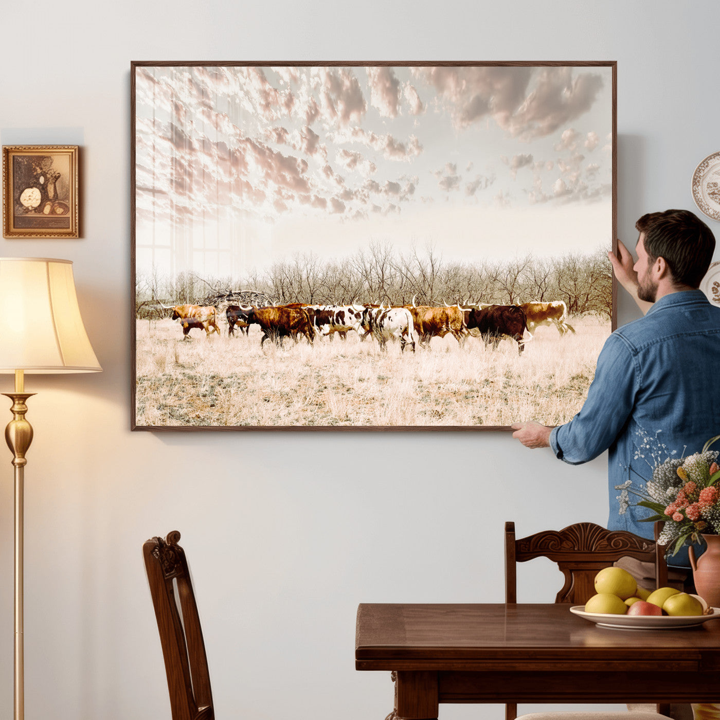 64892775-MGV-CV-36X24 - Longhorn Cattle Wall Art Canvas Print, Framed Texas Ranch Art Picture Print, Western Cow Perfect Western Decor Artwork