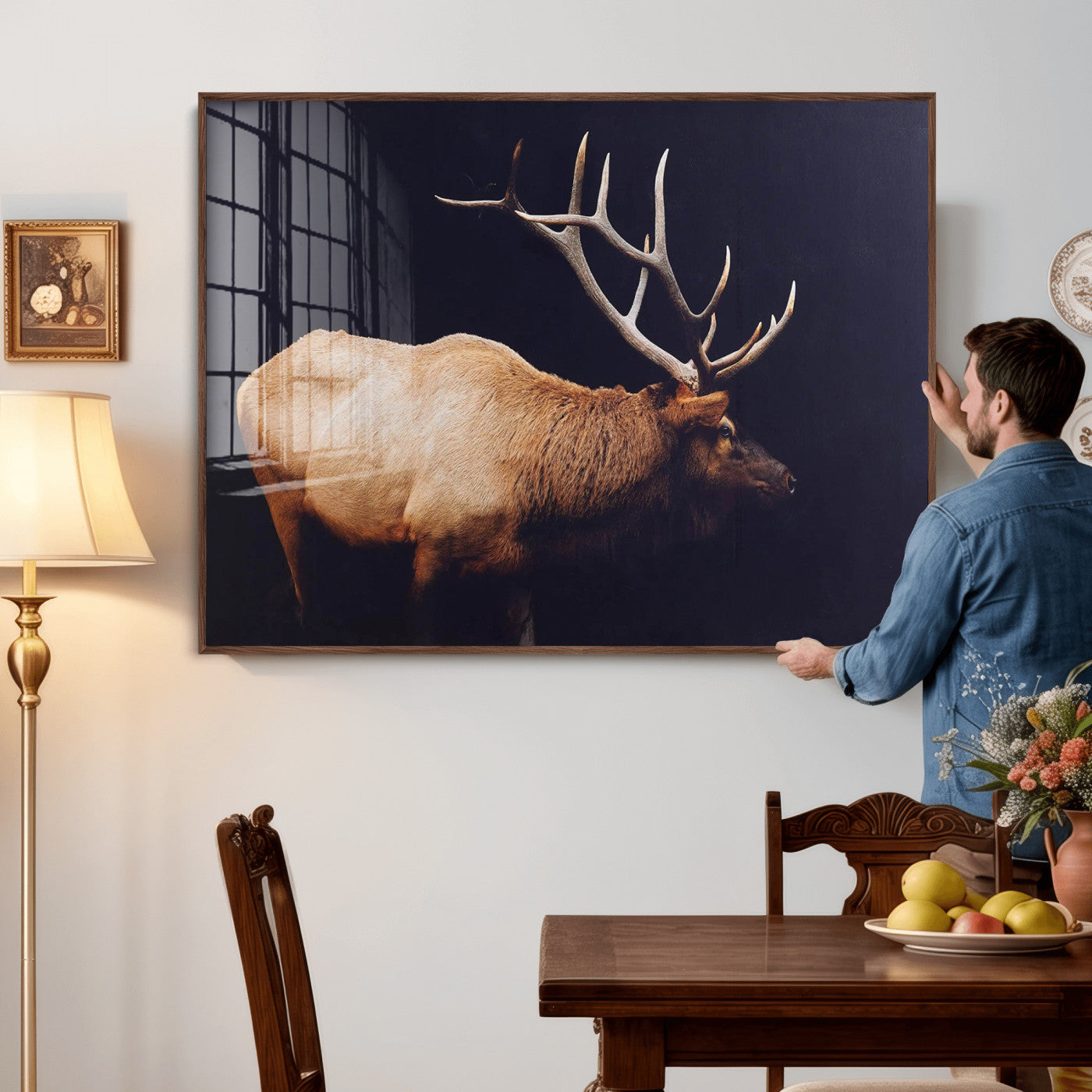 89239257-MGV-CV-36X24 - Rustic Elk Wall Art Canvas Print – Framed Moody Wildlife Art Picture Western Animal Artwork for Home, Office Decor