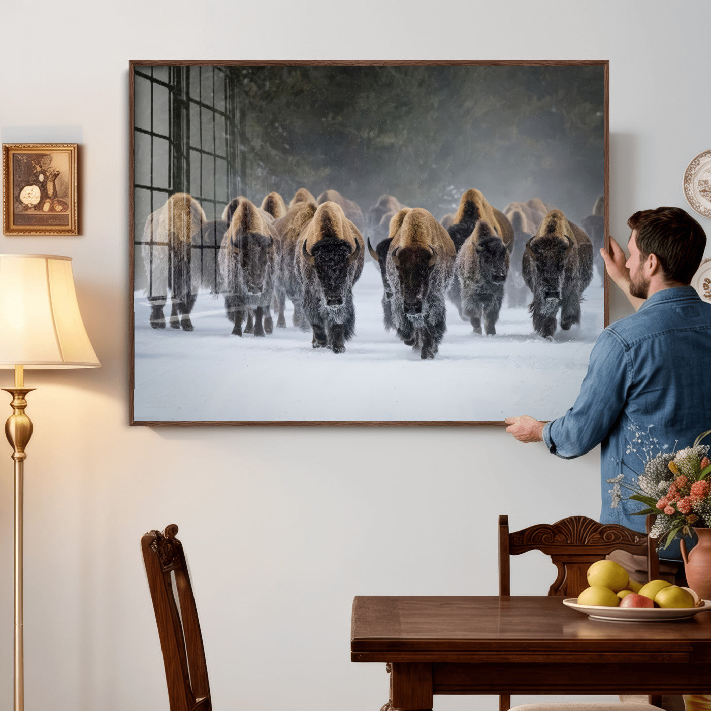 41669135-MGV-CV-36X24 - Winter Bison Herd Wall Art – Majestic Buffalo Charge Canvas Print with Snow Covered Plains, Rustic Wildlife Strength and Untamed Nature Decor for Home and Office