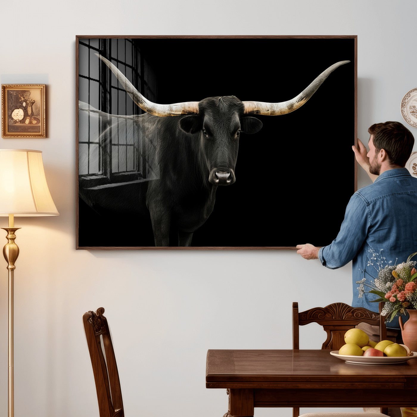 23572907-MGV-CV-36X24 - Texas Longhorn Wall Art Canvas Print, Framed Rustic Western Art Picture Print, Farmhouse Animal Perfect Modern Western Minimalist Decor Artwork