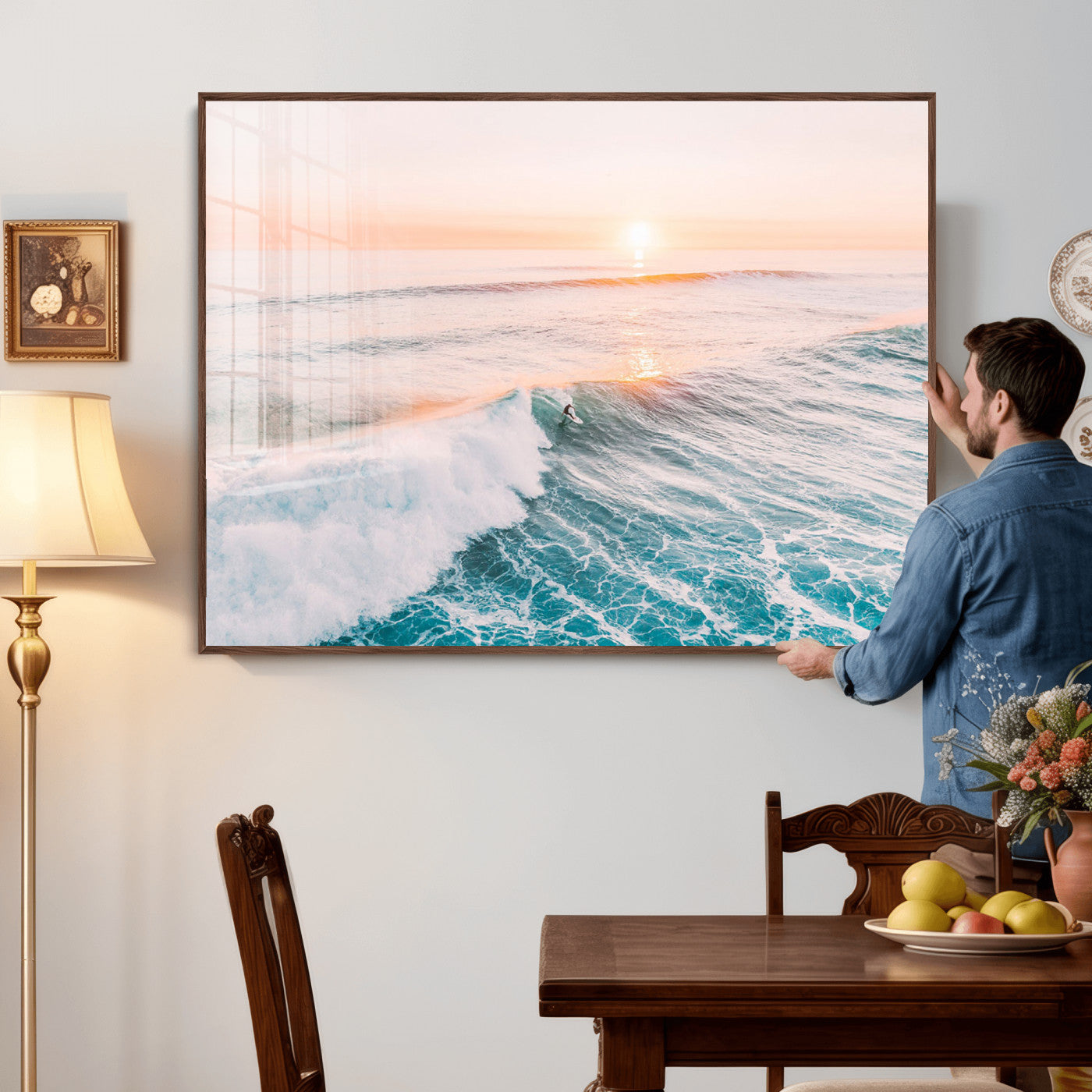 34064591-MGV-CV-36X24 - Sunset Surfing Wall Art Canvas Print, Ocean Wave Surfer with Golden Sky Artwork for Home, Office, Living Room