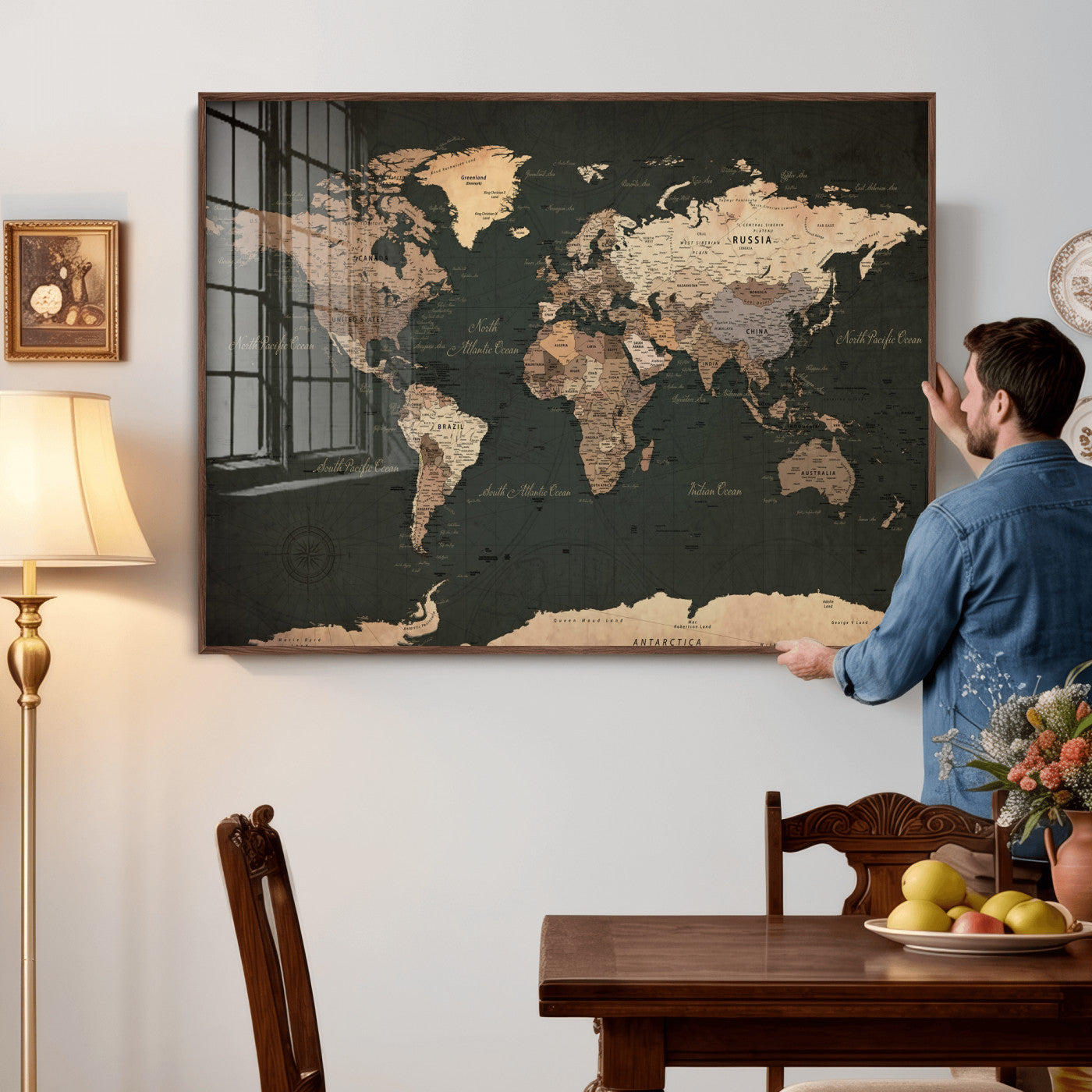 62059333-MGV-CV-36X24 - World Map Wall Art Canvas Print, Modern Decorative Framed Map Artwork Prints for Living Room, Office, Bedroom Wall Decor
