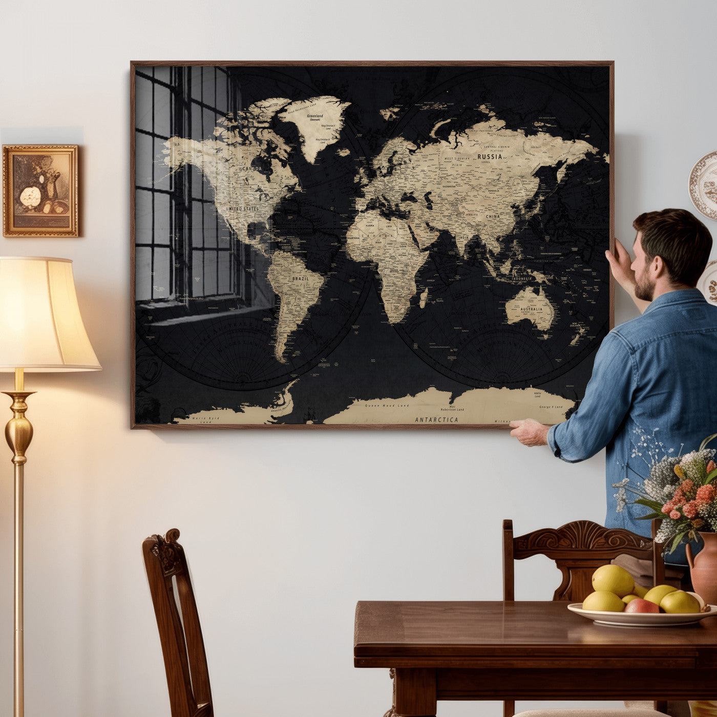 61835687-MGV-CV-36X24 - World Map Wall Art Canvas Print, Modern Decorative Framed Map Artwork Prints for Living Room, Office, Bedroom Wall Decor
